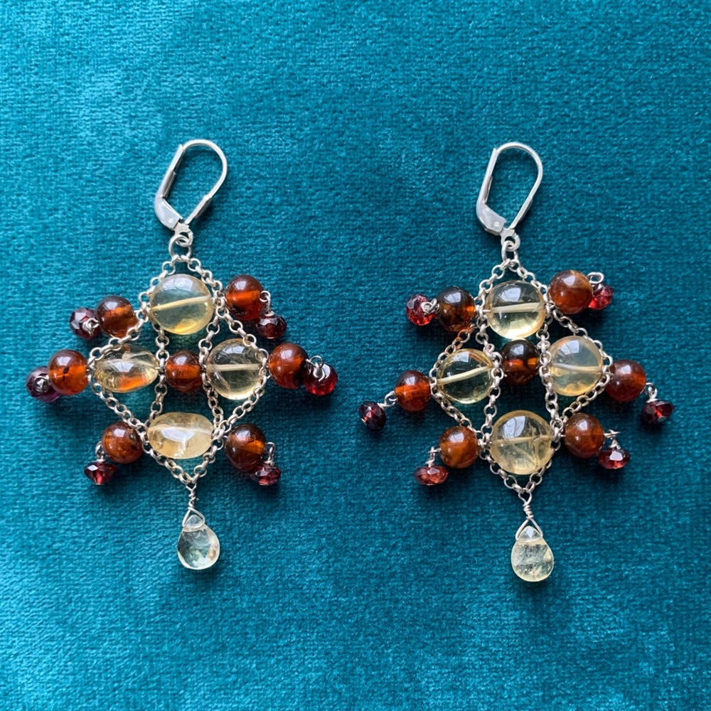 Unique Silver, Citrine, Garnet, and Amber Earrings